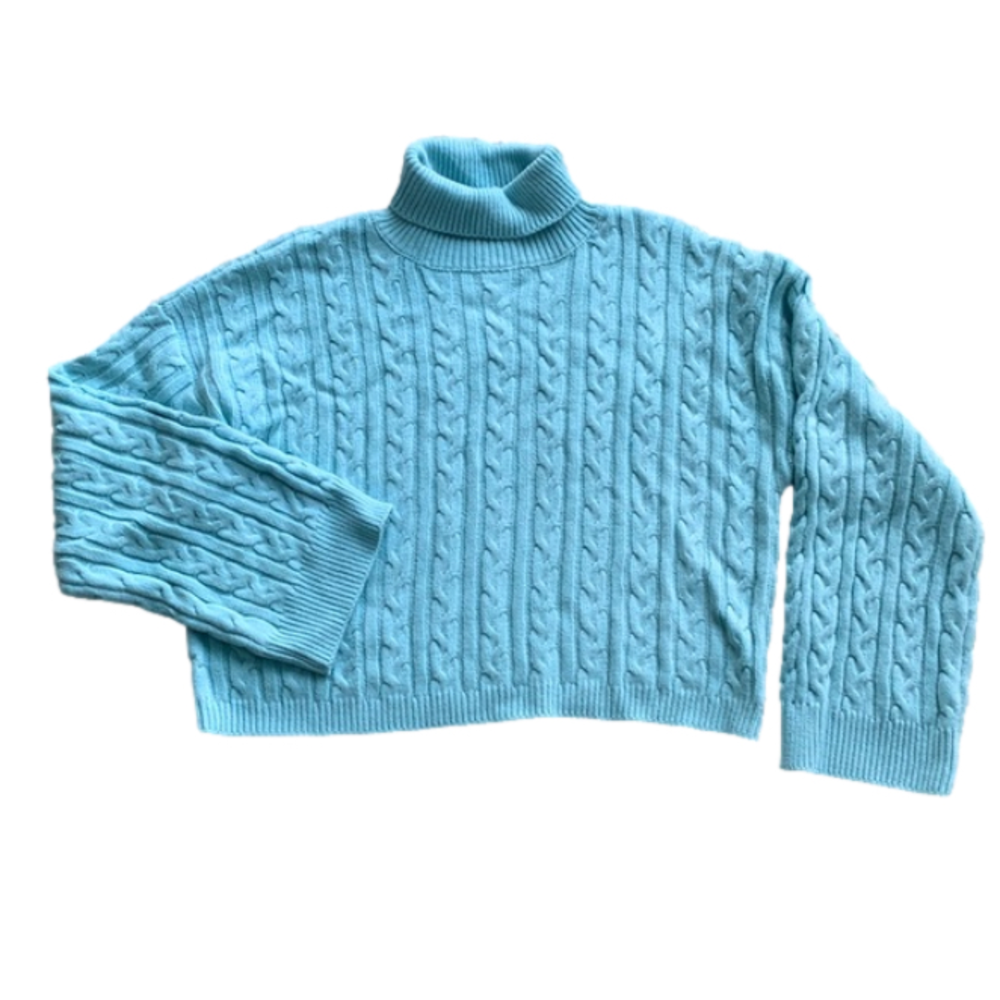 Fashion Nova Baby Blue Cable Knit Wide Sleeve Cropped Turtleneck Sweater Wmn Lg